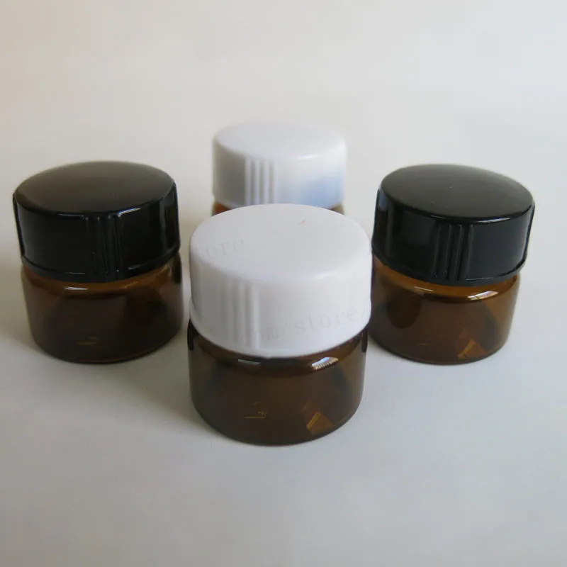 

Hot Sale!! 50pcs 5g 5ml empty amber glass cream jar cosmetic container Makeup Jar with black white lid Screw cap glass bottle