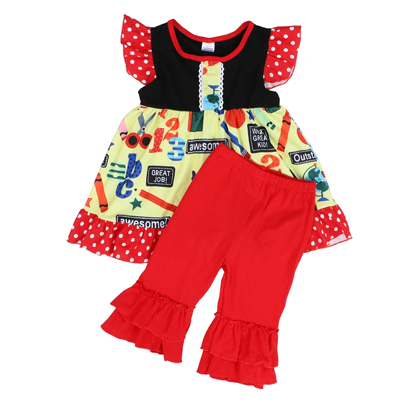 

Kaiya Angel Boutique Kid Clothing Floral Sleeveless Dress Tops + Red Cotton Ruffle Trousers Chlidren Girls Summer Clothing Sets