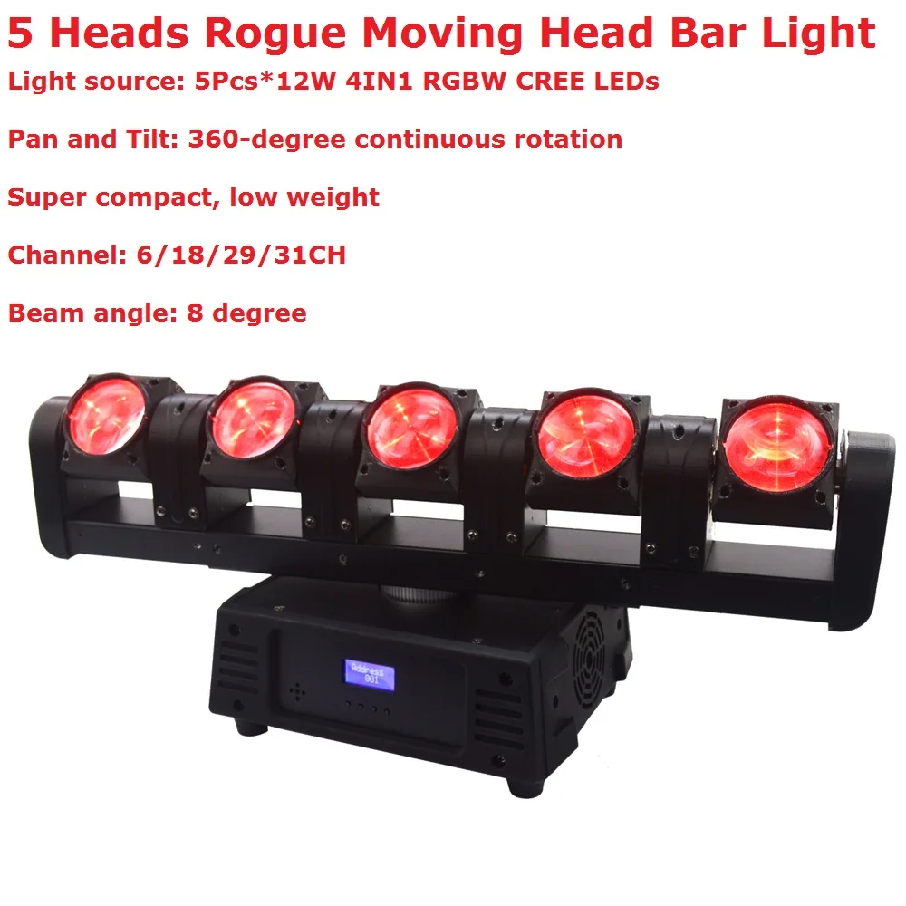 

Новое поступление 2018, светодиоды CREE RGBW, светодиодные сценические огни 5x12 Вт, мощный прожектор Rogue с движущейся головкой, Суперкомпактный 8-градусный луч