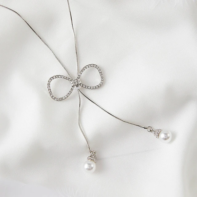 Ladies Rhinestone Bow Long Necklaces Sweater Chain Imitation Pearl Pendants Necklace Adjustable Tassel For Women | Украшения и
