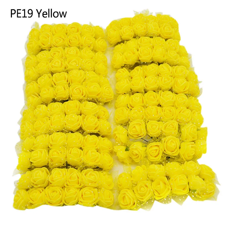PE19 yellow 144 шт./лот, 2 см, мини искусственный Шелковый цветок, ПЭ пена, роза, Свадебный букет невесты ручной работы, сделай сам, венок, товары для дома, вечерние украшения - Цвет: PE19 yellow