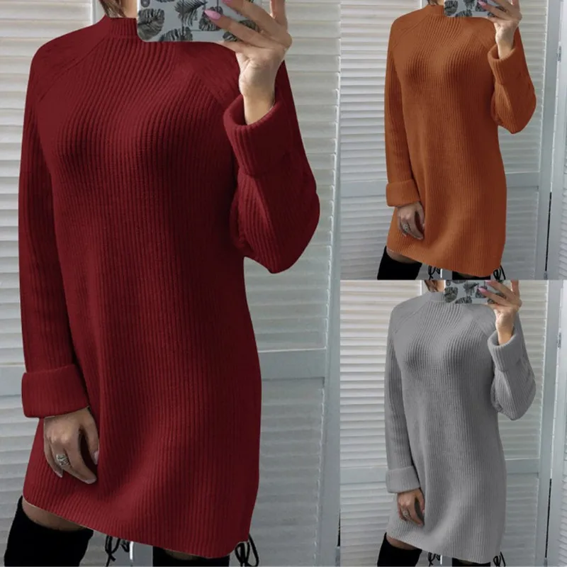 Aragaki Women Knitted Cotton loose Sweater Dresses Turtleneck Winter Dress Elegant Streetwear Mini Vestidos LN286 | Женская одежда