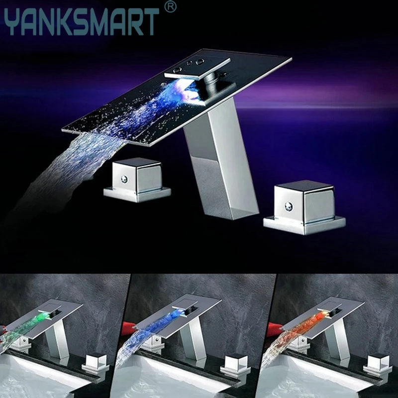 LED Waterfall Faucets Double Handles 3 PCS Set Deck Mounted Mixer Water Power Tap Basin Chrome Bathtub Faucet | Обустройство дома