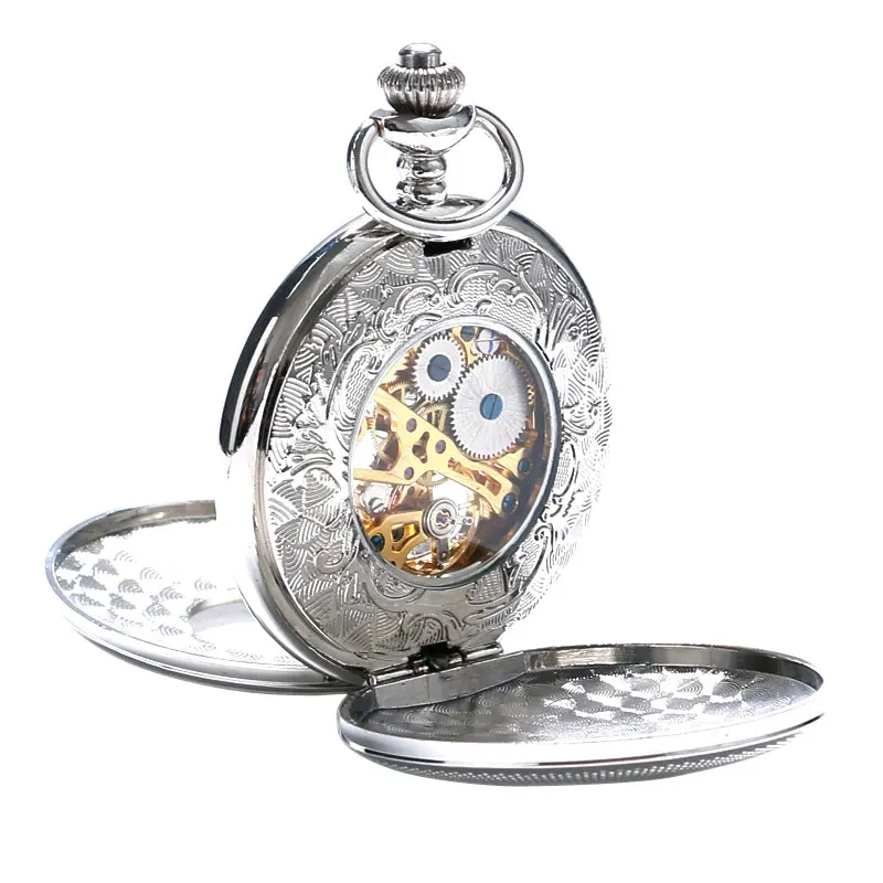 Luxury Pocket Watch Set Roman Numbers Silver Mechanical Hand Fob Watches Clock With Box Bag Gift For Men Women