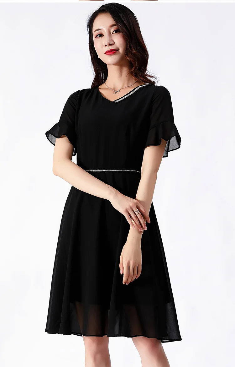 

Summer elegant chiffon midi Dress loose V neck beaded ball gown dress flare sleeve beautiful party dress plus size vestidos 5XL