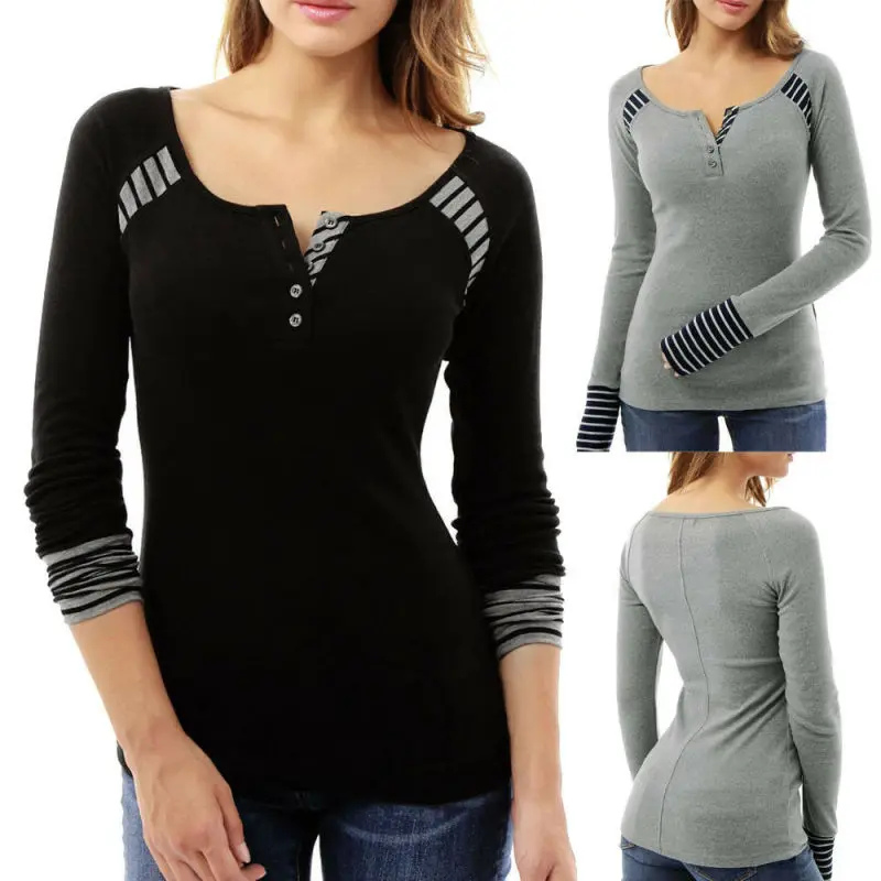 

Women Casual Button V-neck Blouse Ladies Long Sleeve Tops Tee Pullover