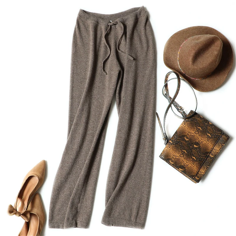 100% кашемировые вязаные женские новые модные широкие брюки с поясом и высокой