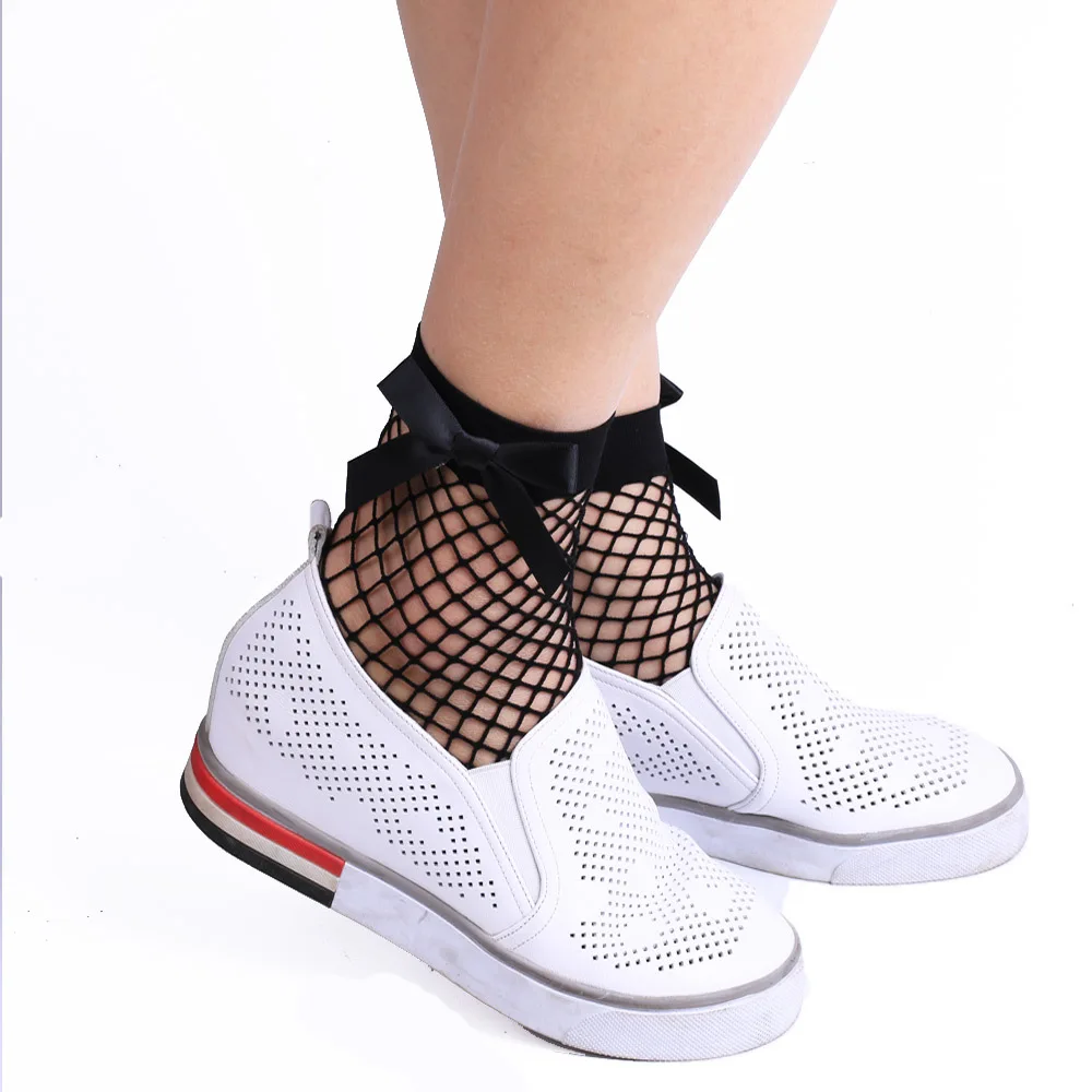2019 Chic Streetwear Women's Sexy Black Bow knot Fishnet Socks Female Breathable Hollow out Mesh Nets Ladies Short | Женская одежда