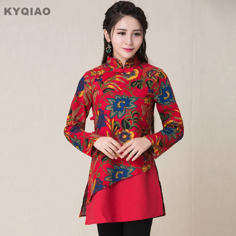 Женская блузка с длинным рукавом KYQIAO красно зеленая Элегантная в этническом