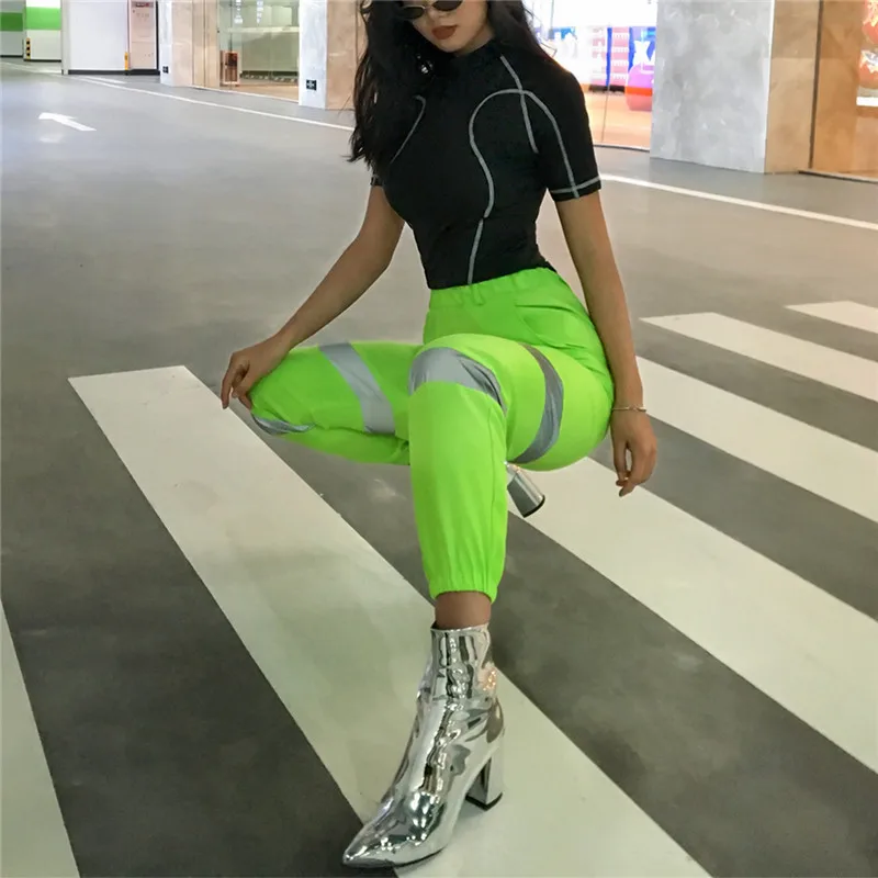 Спортивные штаны для бега, для женщин, для спортзала, фитнеса, бега, леггинсы, светоотражающие, флуоресцентные, эластичный пояс, уличный стиль, быстросохнущие, дышащие