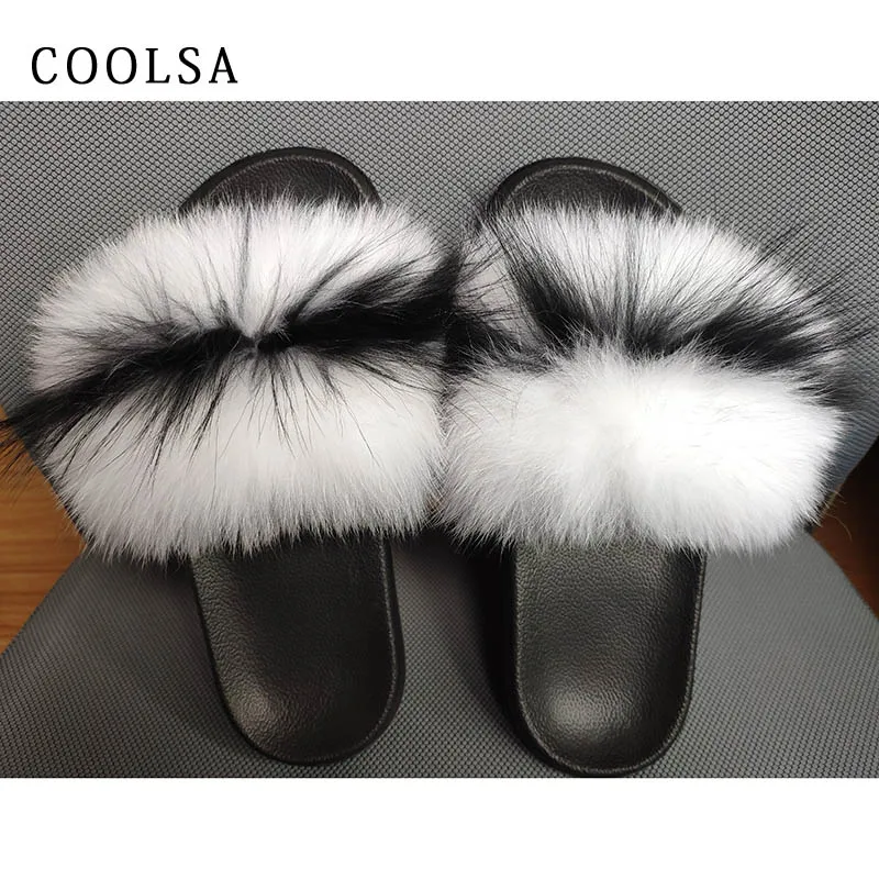 Coolsa/Лидер продаж; летние женские меховые тапочки; шлепанцы без задника с натуральным лисьим мехом; Дизайнерская обувь на плоской подошве; пушистые плюшевые туфли; женские комнатные тапочки; милые меховые тапочки; Pantufa - Цвет: white black stripe