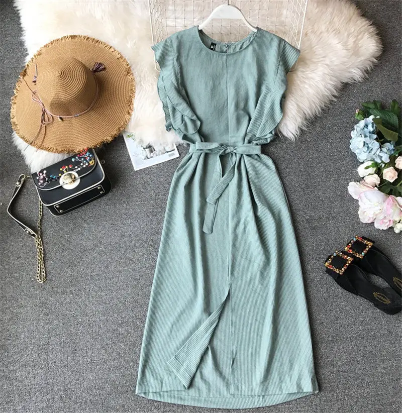 LUOSHA женское летнее Полосатое прямое длинное платье без рукавов и с оборками