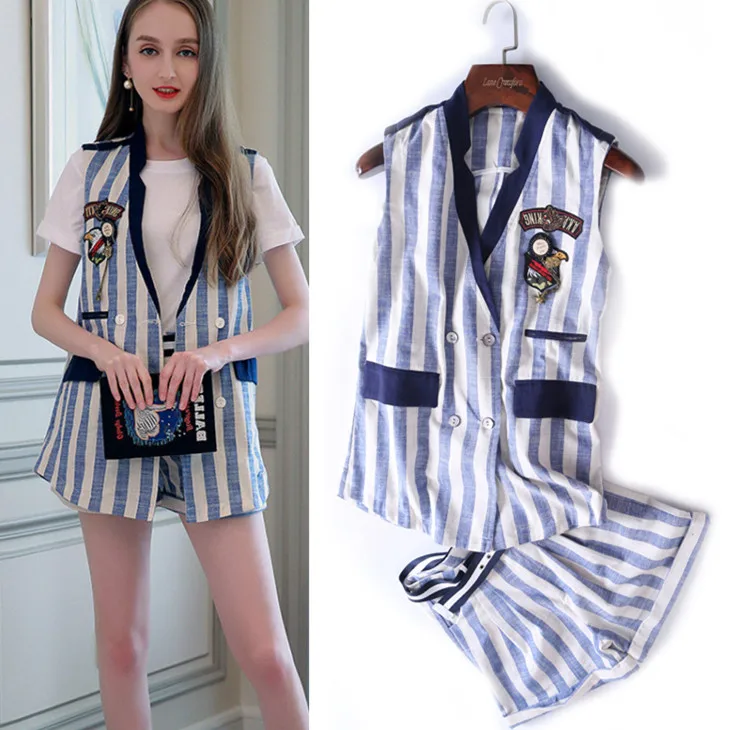 С поясом! Летний комплект для близнецов Женский льняной полосатый жилет без