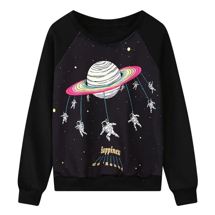 MERRY PRETTY осенний женский спортивный костюм Harajuku Planet с принтом, толстовки с длинным рукавом и круглым вырезом, пуловеры, свитшоты - Цвет: Черный