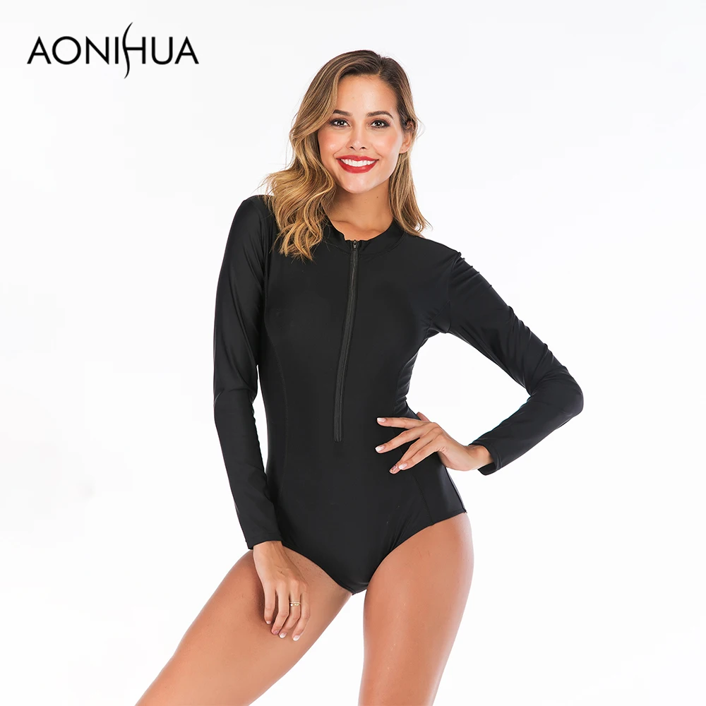 Aonihua 2019 Новые поступления Твердые Цвет Одна деталь купальник передняя молния с Pad