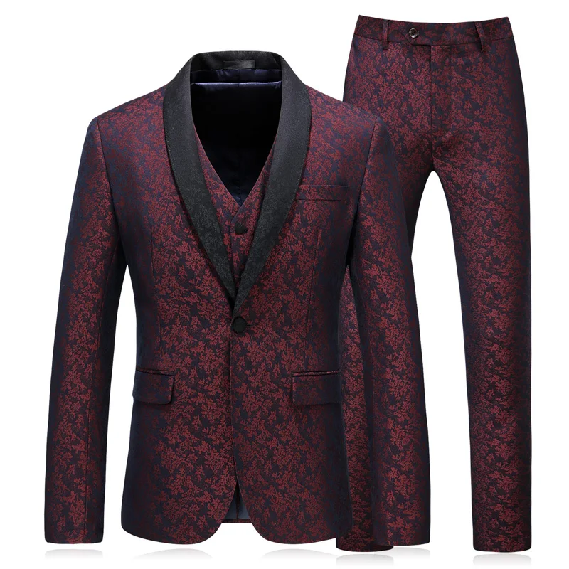 

PAULKONTE (Jacket+Vest+Pant) Flower Print Men Suit Fashion High Quality Slim Fit Business Dress Wedding Party Classic Men's Suit