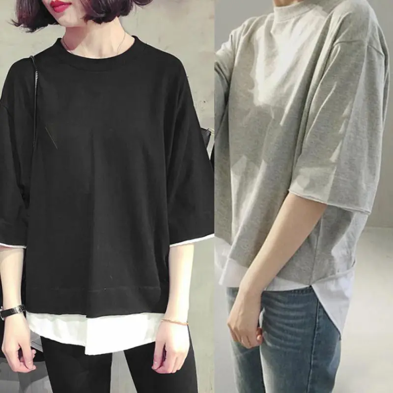 

Jlong Fake Two Pieces Womens Tops Blouses Casual Loose Shirt Patchwork Women Blouses Shirts Female z1