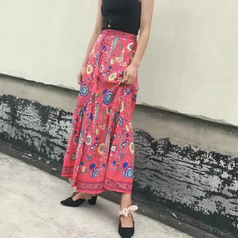 Женская юбка с принтом павлина длинная эластичная в стиле хиппи разрезом