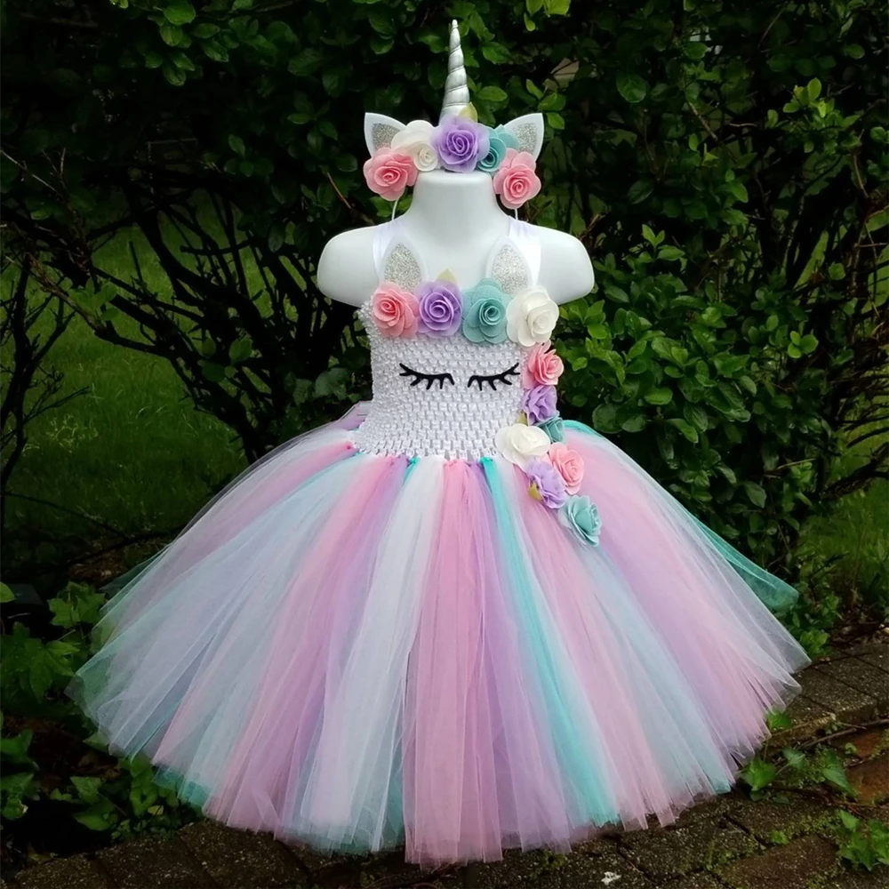 Kids Girls Unicorn Tutu Dress Knee-Length Pastel Rainbow Flower Girl Birthday Party Up Fancy Halloween Costume | Детская одежда и