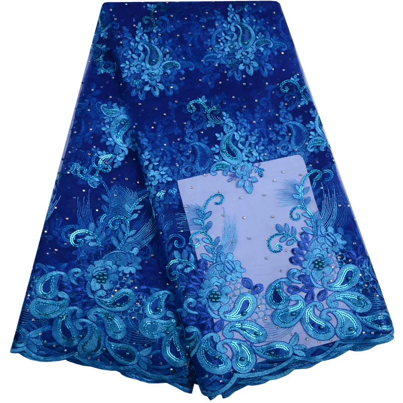

High quality royal blue African lace fabric Beads french tulle lace fabric 2018 latest arrival hot sale 5 yards for dress S986