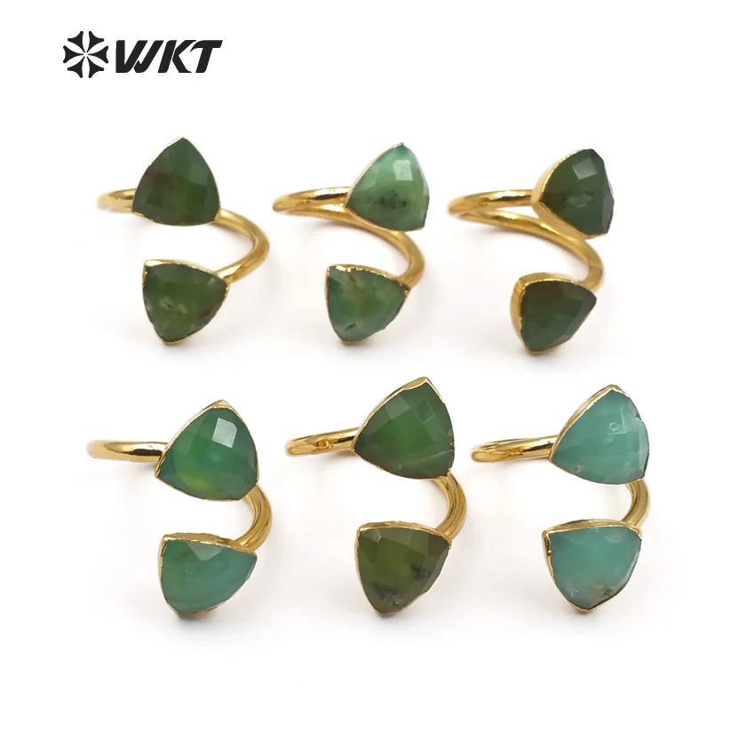 WT-R317 WKT Wholesale Natural Chrysoprase Stone In Triangle Shape Faceted Green With Gold Trim For Women Dainty Ring | Украшения и