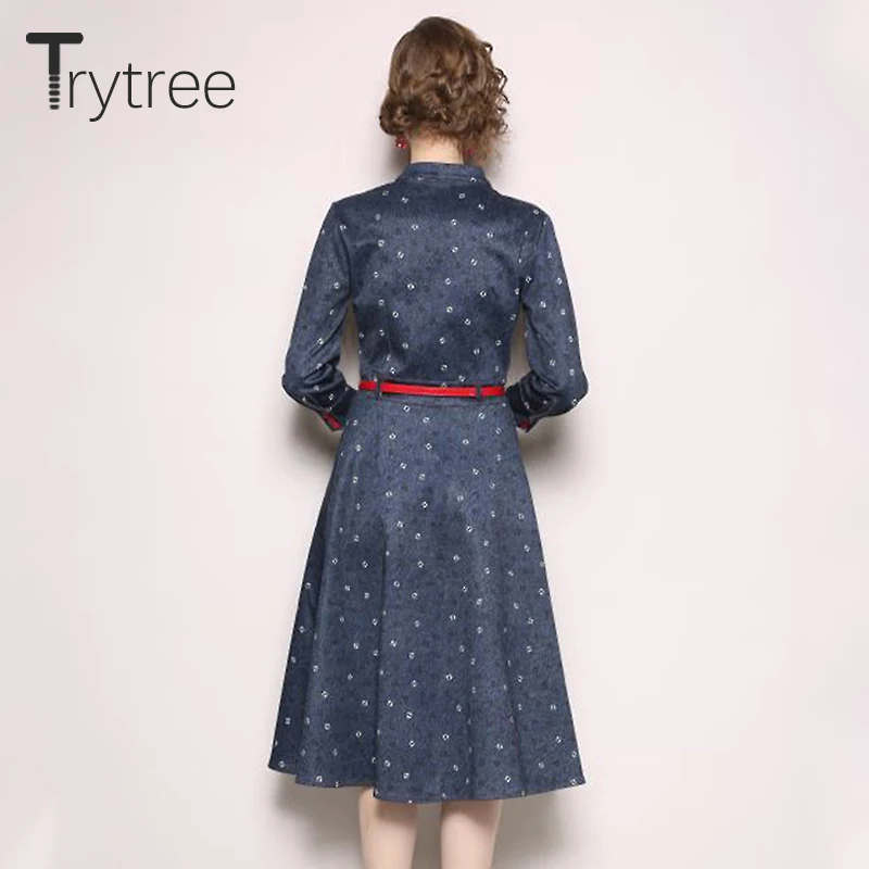 Trytree летнее осеннее платье джинсовое повседневное ТРАПЕЦИЕВИДНОЕ женское темно