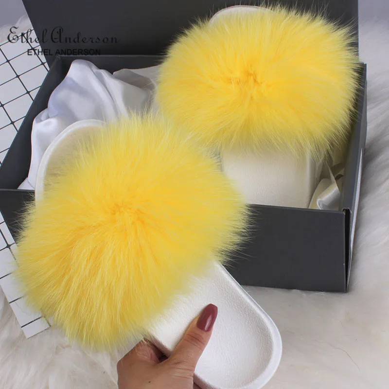 Yellow(White) Ethel Anderson/женские меховые тапочки; женские модные пушистые шлепанцы с натуральным лисьим мехом; женские меховые шлепанцы - Цвет: Yellow(White)