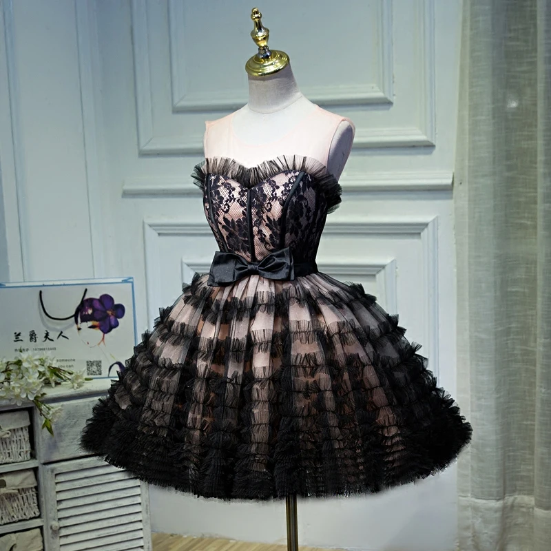 AnXin SH Short style hostess black lace evening dress banquet bow princess fluffy adult sweet | Свадьбы и торжества
