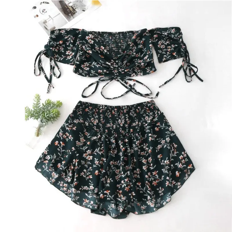 Пляжный костюм Boho Женский комплект с открытыми плечами и цветочным принтом