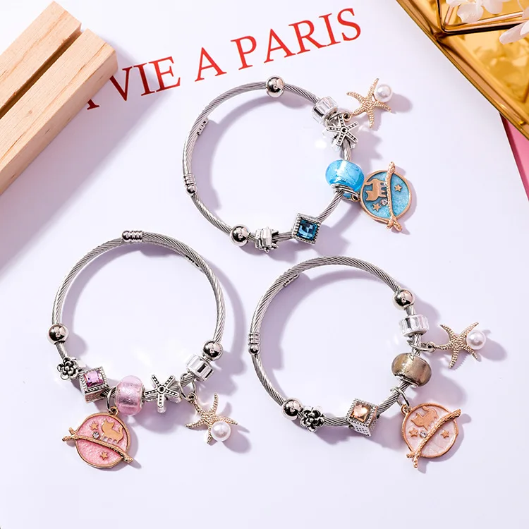 Japan Korea DIY Stainless Steel Adjustable Cat Starfish Pendant Bracelets Crystal Beads Bracelet Bangle for Women Jewelry Gift | Украшения