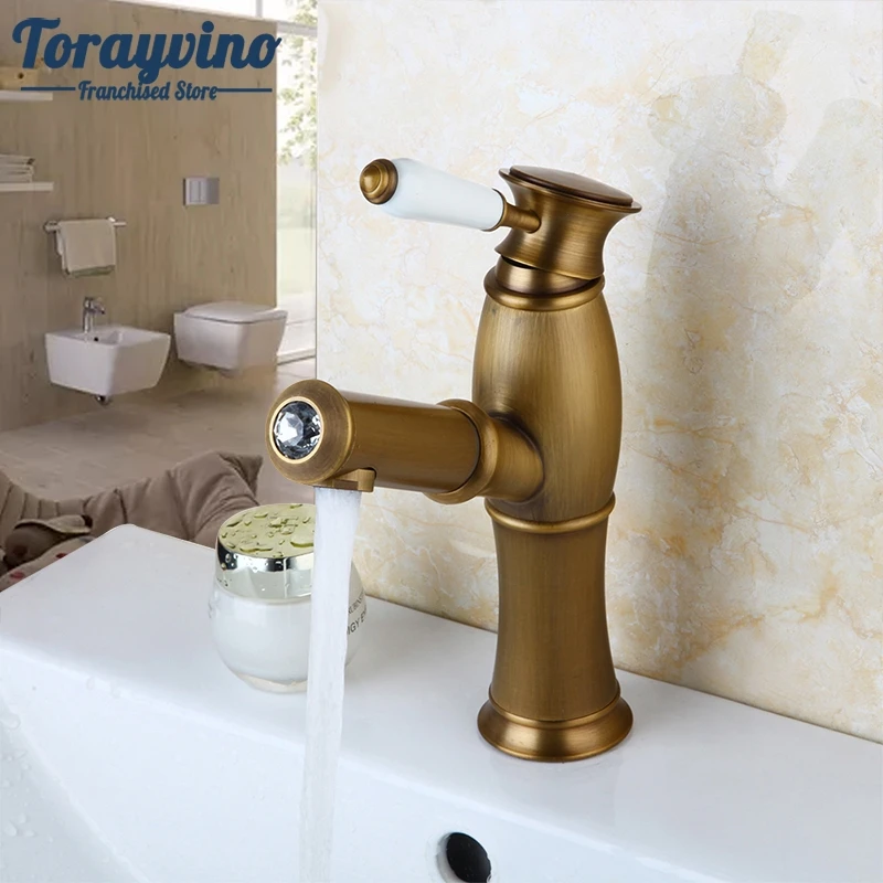 

Bathroom basin Faucet Pull Out torneira banheiro brass with diamond Mixer Antique Brass Faucets hot & cold water Mixer basin Tap