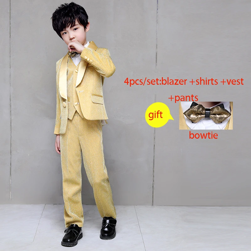 4pcs Flower Boy Wedding Dress Suit Sets Children Gold 3Pcs Catwalk Piano Costume Kids Blazer Vest Pants Shirts Clothes Sets - Цвет: 4pcs