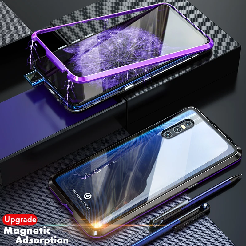 ADKO Luxury Adsorption Magnet Cases for Vivo X27 Metal Case Cover Clear Tempered Glass &amp Aluminum Bumper For Pro |