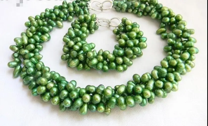 

4row 18"/8" Green rice Freshwater Pearl Necklace Bracelet Set