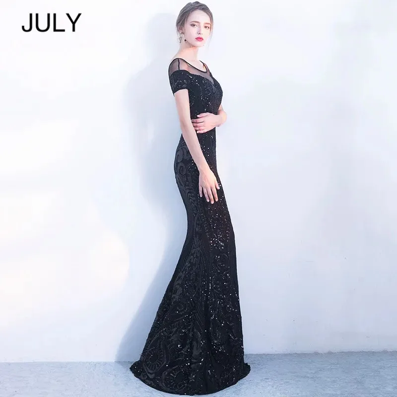 Женское длинное платье с открытой спиной JULY Черное вечернее блестками 2019|Женские