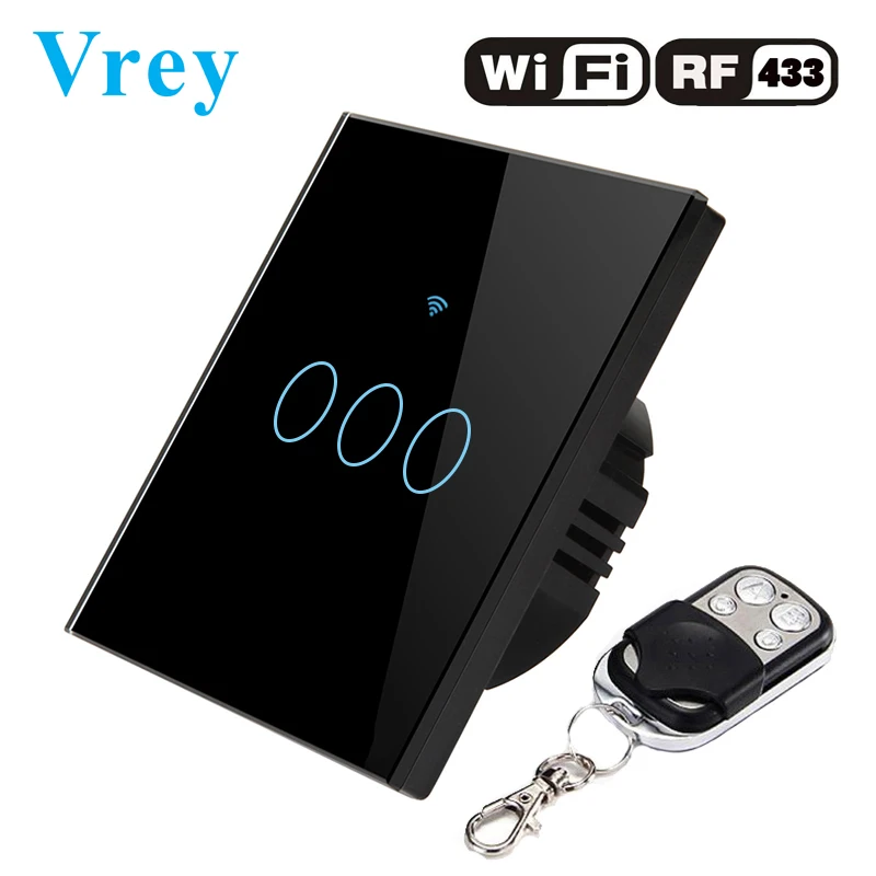 Vrey EU WiFi APP сенсорный выключатель 3 банды 110-240 В настенный светильник сенсорный экран переключатель, Кристальное стекло переключатель панель и пульт дистанционного управления - Цвет: VR-WIFI-03X Black