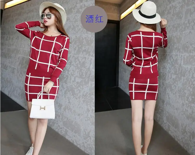 Новые женские большие трикотажный плед Костюмы с круглым вырезом длинным рукавом вязаный кроп топ +