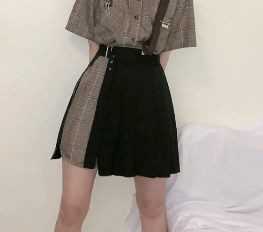 Harajuku Black Skirt Women Mini Pleated High Waist Basic Buckle Slit Punk Asymmetric Design for Female | Женская одежда