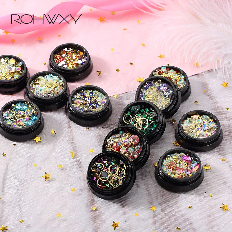 ROHWXY 1 коробка Красочные Стразы для ногтей драгоценные камни Блестящие кристаллы для ногтей 3d украшения для ногтей Аксессуары для дизайна ногтей украшения для DIY Инструменты