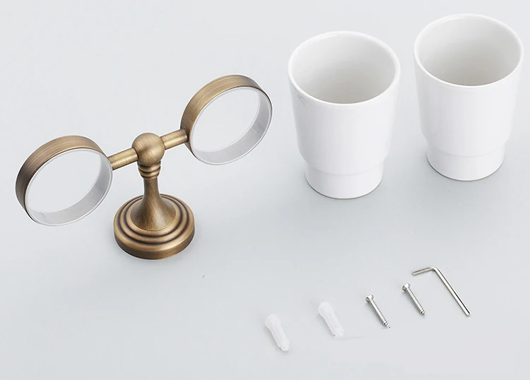 Настенный античный латунный двойной держатель чашки зубной щетки с двумя