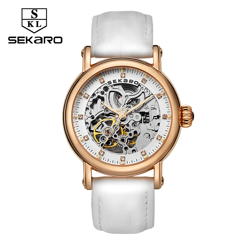 SEKARO Brand Women Mechanical Watches Diamond Ladies Design Women's Wristwatches Leather Fashion Skeleton Dial Gift Montre Femme |