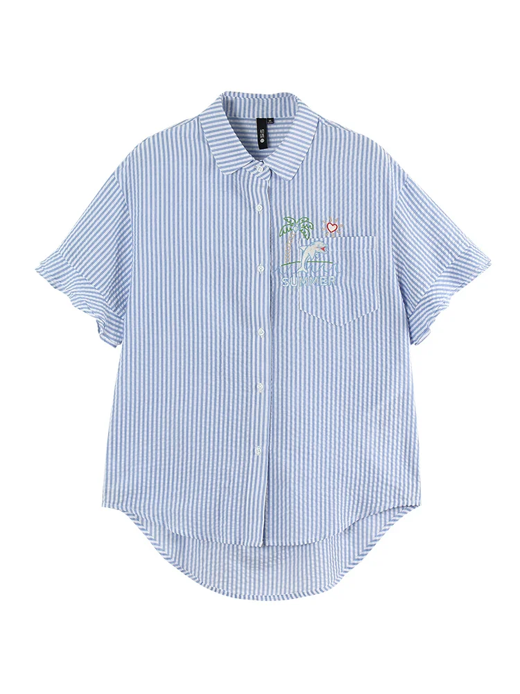 

Toyouth Womens Tops and Blouses Summer Ruffle Short Sleeve Striped Embroidery Turn Down Colloar Blusas