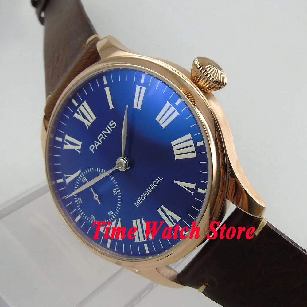 44 мм Парнис с синим циферблатом римскими цифрами золотой чехол светящийся 17 jewels