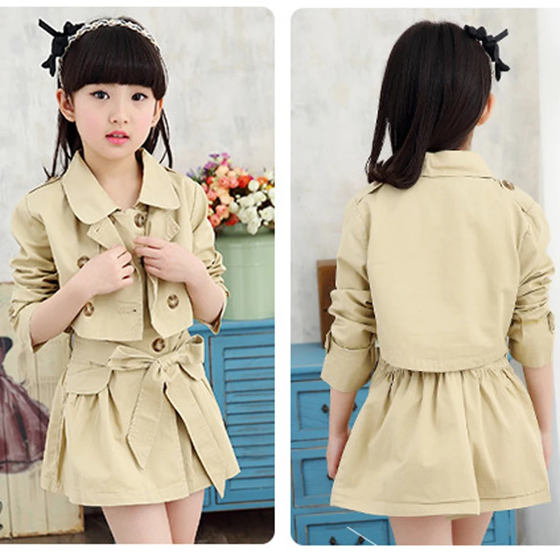 Комплект одежды для девочек новый весенний Модный стильный Тренч + платье с