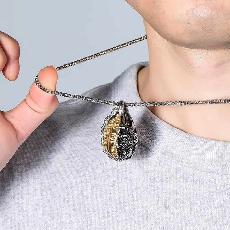 ZFVB Vintage Kind Evil Half Buddha Demon Face Necklace Hiphop Rock Design 316L Stainless Steel Punk Pendant Necklaces For Men | Украшения и