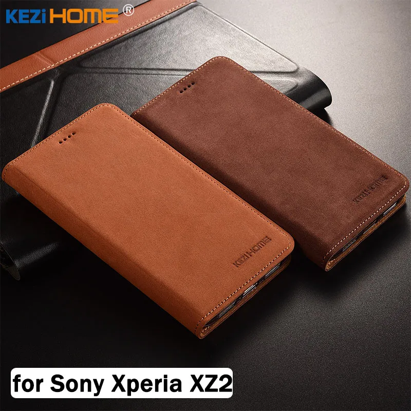 Для Sony Xperia XZ2 случае kezihome Роскошные матовая Натуральная кожа флип Стенд кожаный