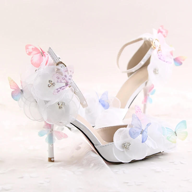 

9cm High Heels Wedding Shoes Women White Pumps Butterfly Pearl Floral Tassel Ankle Strap Bridal Stiletto Party Ladies Shoes