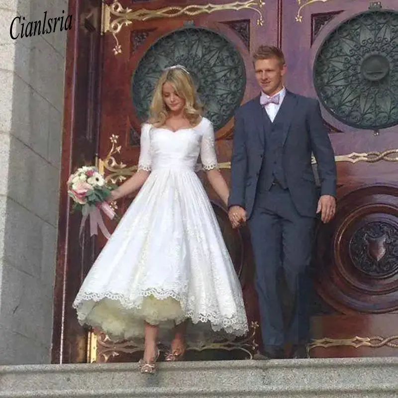 

Новинка 2020, Простые короткие свадебные платья а-силуэта, кружевное женское платье с круглым вырезом, длиной до щиколотки, сексуальное женск...