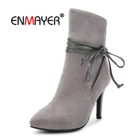 enmayer woman ankle boots winter pointed toe short boots black size 33 40 causal pleated high heels slip on thin heels cr1911