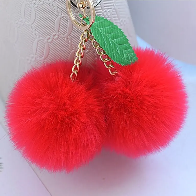 

Fashion New Cute Fluffy Faux Rabbit Fur Ball Pompom Keychain Cherry Gold Key Chain Pom Pom Keyring Bag Charms Wedding Trinket